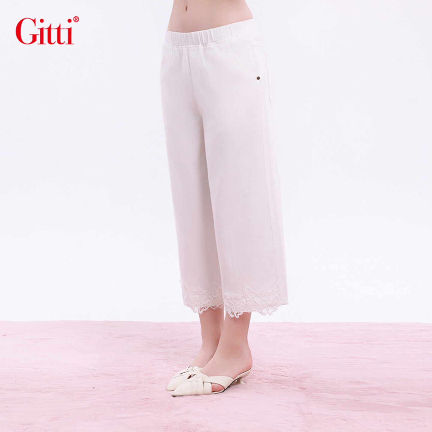 Gitti/吉蒂松紧腰蕾丝花边拼接裙裤女棉宽松大码阔腿裤G261067,淘宝优惠券,粉丝福利购,淘宝优惠卷