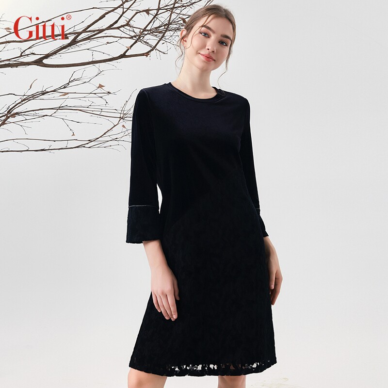 Gitti/吉蒂秋款丝绒喇叭袖H版型显瘦中袖花边拼接连衣裙G235235