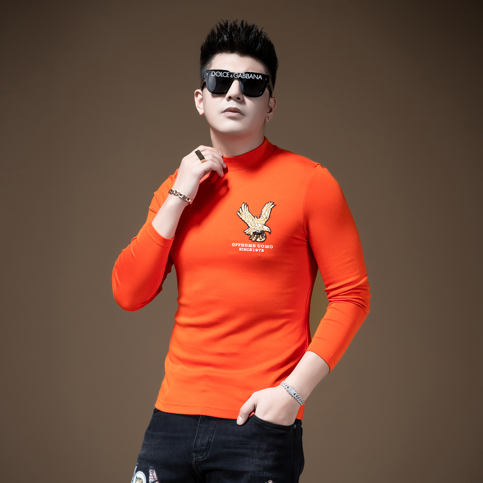 BM男士秋冬半高领打底衫男长袖t恤内搭潮ins卫衣老鹰刺绣潮牌港风 - 图0