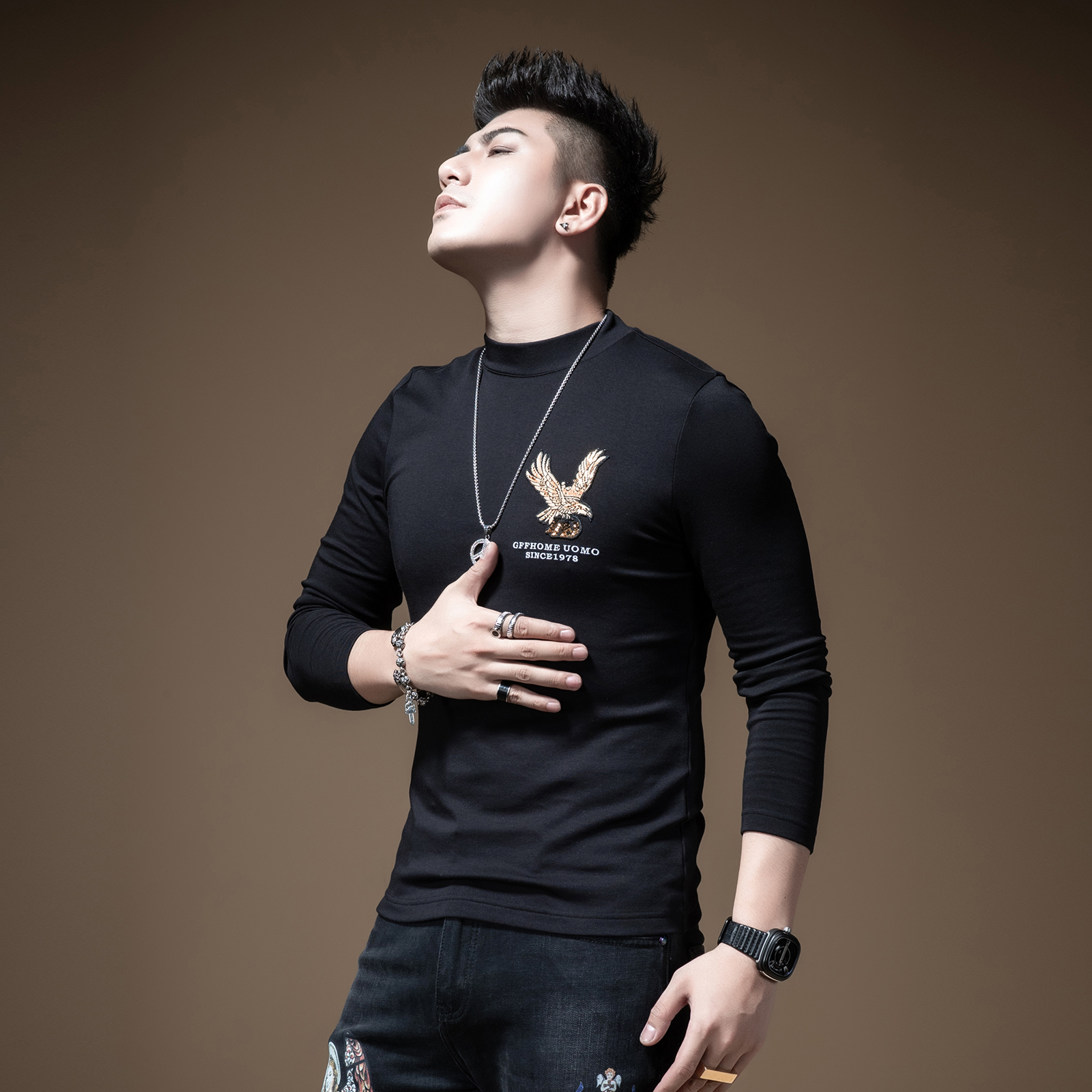 BM男士秋冬半高领打底衫男长袖t恤内搭潮ins卫衣老鹰刺绣潮牌港风 - 图2