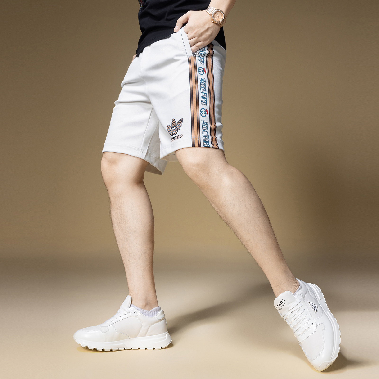 BM欧美式短裤男夏季2024新款侧条纹裤子男潮牌字母印花运动休闲裤,淘宝优惠券,粉丝福利购,淘宝优惠卷