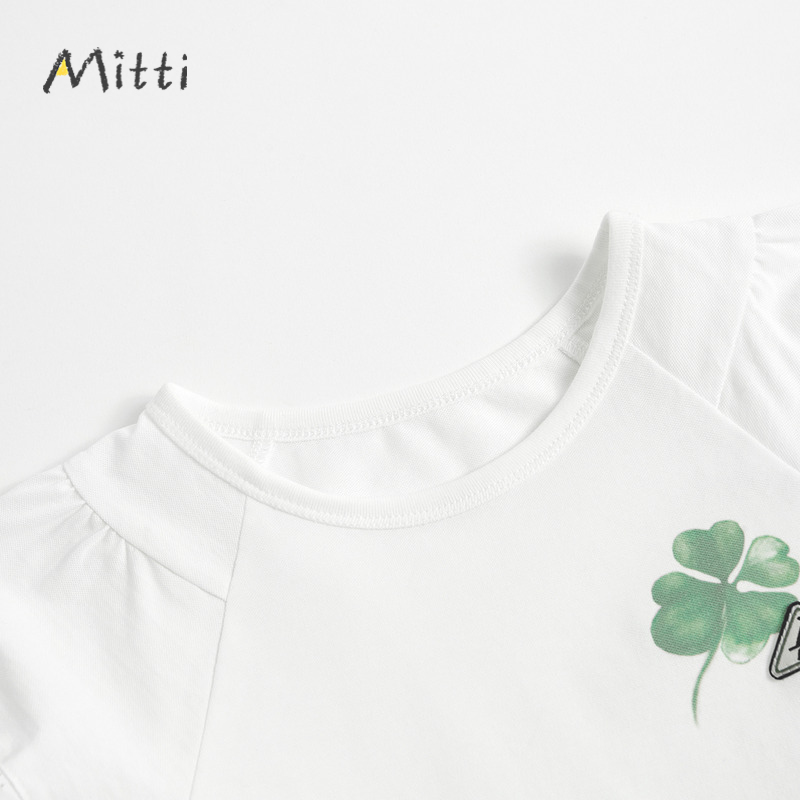 Mitti【商场同款】女童夏季白色短袖T恤四叶草印花泡泡袖童装上衣-图2