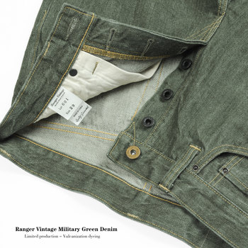 Ranger Vintage Limited Edition 601 Vulcanized Army Green Seal Ear Jeans, 66 Type, Original Color Slim Fit