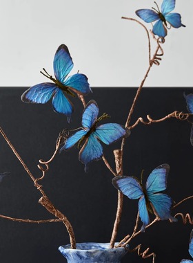 立体仿真蝴蝶黑色蓝色复古仿真花家居摆件装饰高端假花客厅摆设