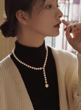 天然淡水珍珠山茶花项链优雅长款珍珠毛衣链6-7mm近正圆近无暇