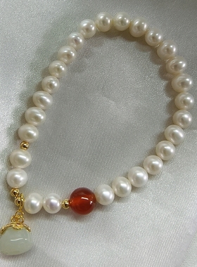 高品质6-7mm近圆无暇淡水珍珠手链ins小众设计甜美红玛瑙珍珠手链