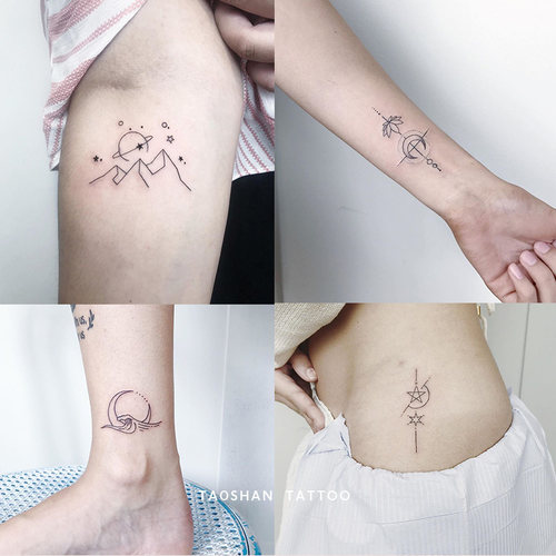 桃山TATTOO日月星辰ins简约暗黑锁骨黑白图案太阳月亮防水纹身贴 - 图0
