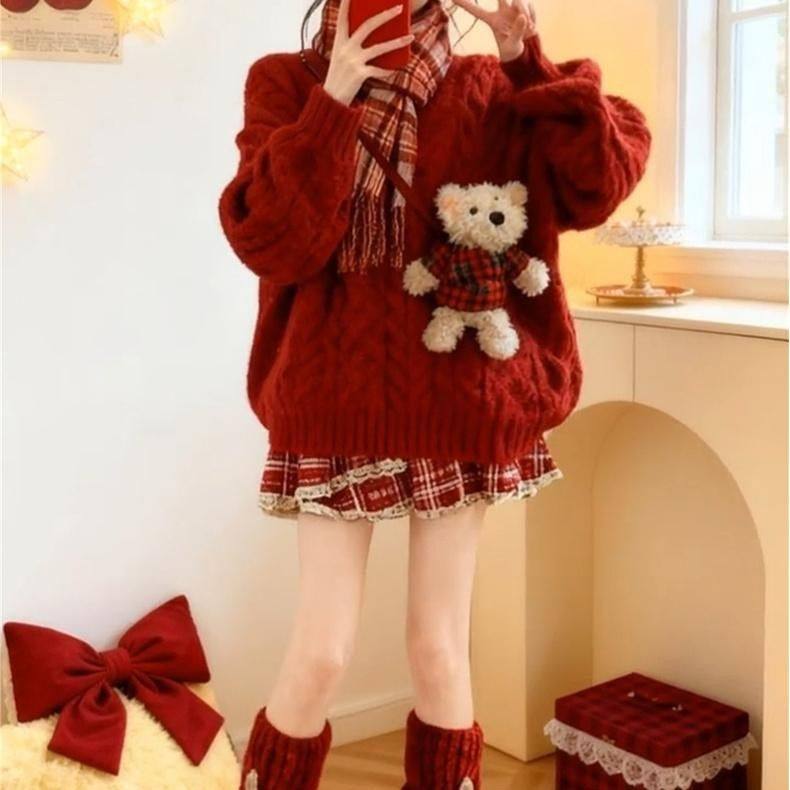 女宝过年喜庆衣服套装女童冬装拜年服洋气毛衣中大童半身裙四件套,淘宝优惠券,粉丝福利购,淘宝优惠卷