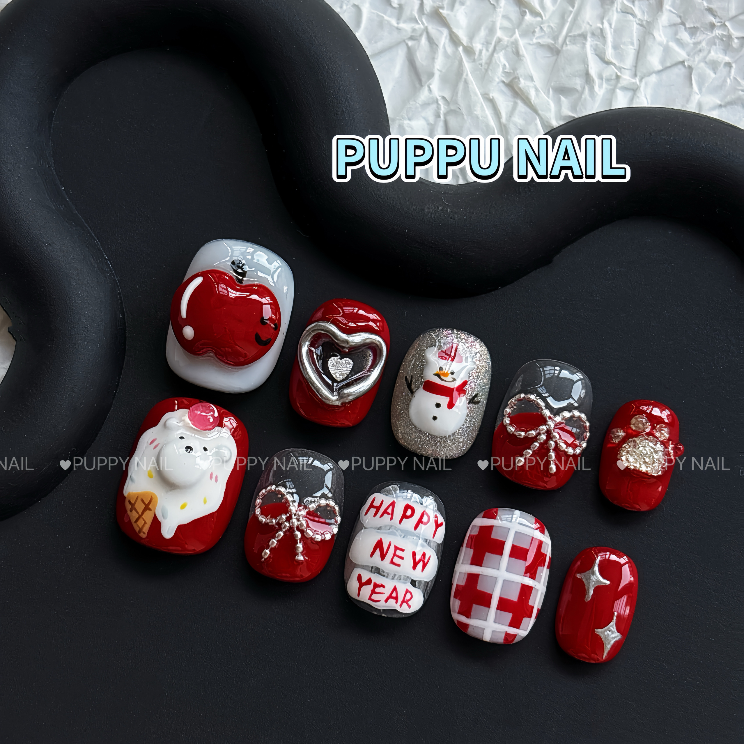 PUPPY家 苹果雪人新年穿戴甲红色显白卡通手绘捏捏秋冬圣诞美甲 - 图3