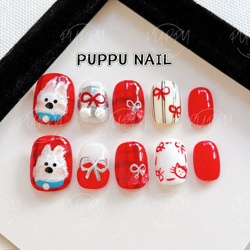PUPPY家 西高地新年美甲红色可爱手绘可定制穿戴甲小狗卡通过年 - 图0