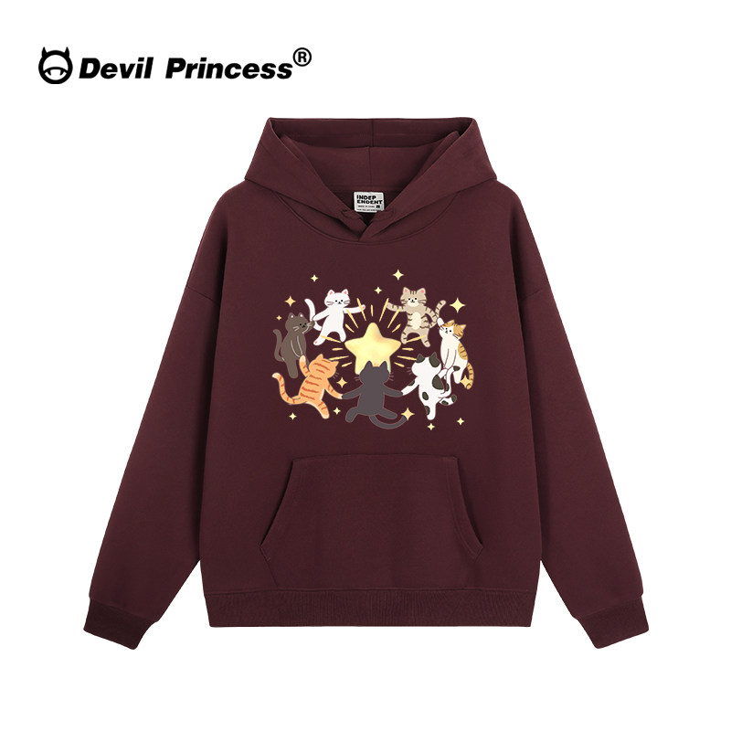 美式学院风复古卡通猫咪印花酒红色连帽卫衣女小个子宽松减龄上衣,淘宝优惠券,粉丝福利购,淘宝优惠卷