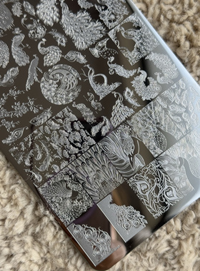 孔雀美甲印花钢板孔雀开屏羽毛国风新年款精细图案硅胶印章转印板