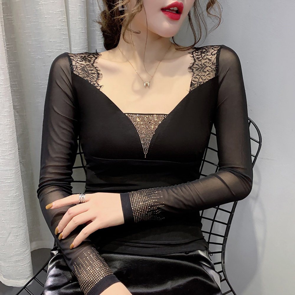 欧洲站秋冬新款性感蕾丝拼接t恤 芭乔雅T恤