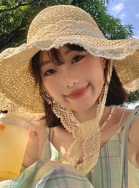 法式大檐蕾丝镂空遮阳草帽女