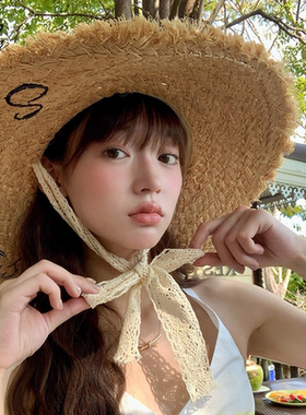 夏季蕾丝飘带大檐防晒草帽女