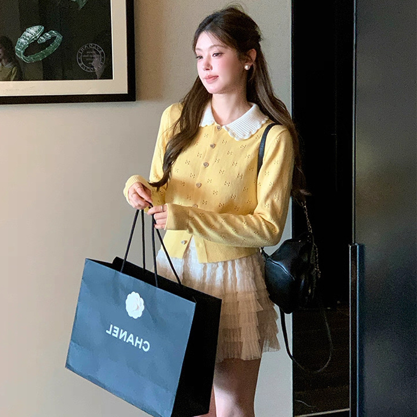 秋冬韩系甜美减龄学院风娃娃领针织开衫上衣小个子短款毛衣外套女,淘宝优惠券,粉丝福利购,淘宝优惠卷