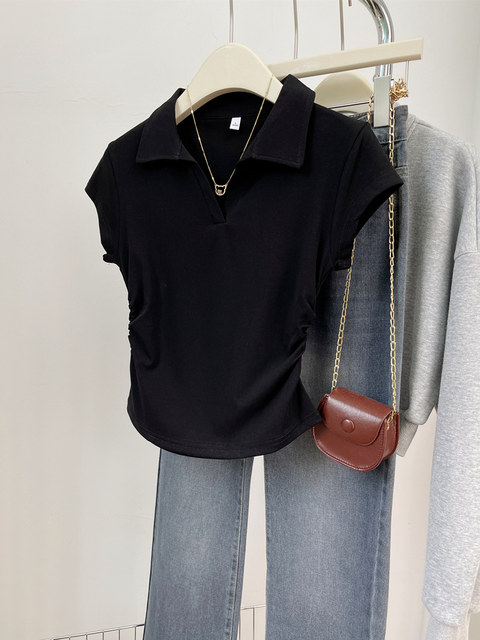 Summer hot girls slim and slim shoulder T-shirt for women's short-sleeved design with irregular folds and short Polo shirt top