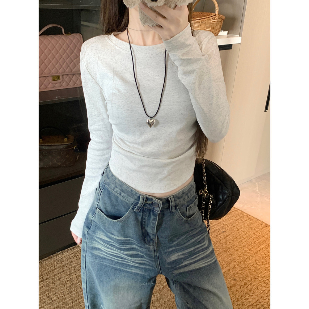 正肩灰色t恤女长袖早秋穿搭韩系辣妹修身紧身短款内搭打底衫上衣,淘宝优惠券,粉丝福利购,淘宝优惠卷