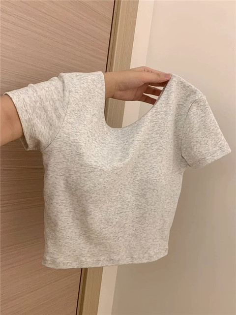 New summer slim and slim shoulder T-shirt for women for women short sleeves pure hot girls short back hollowed-out top with chest pad