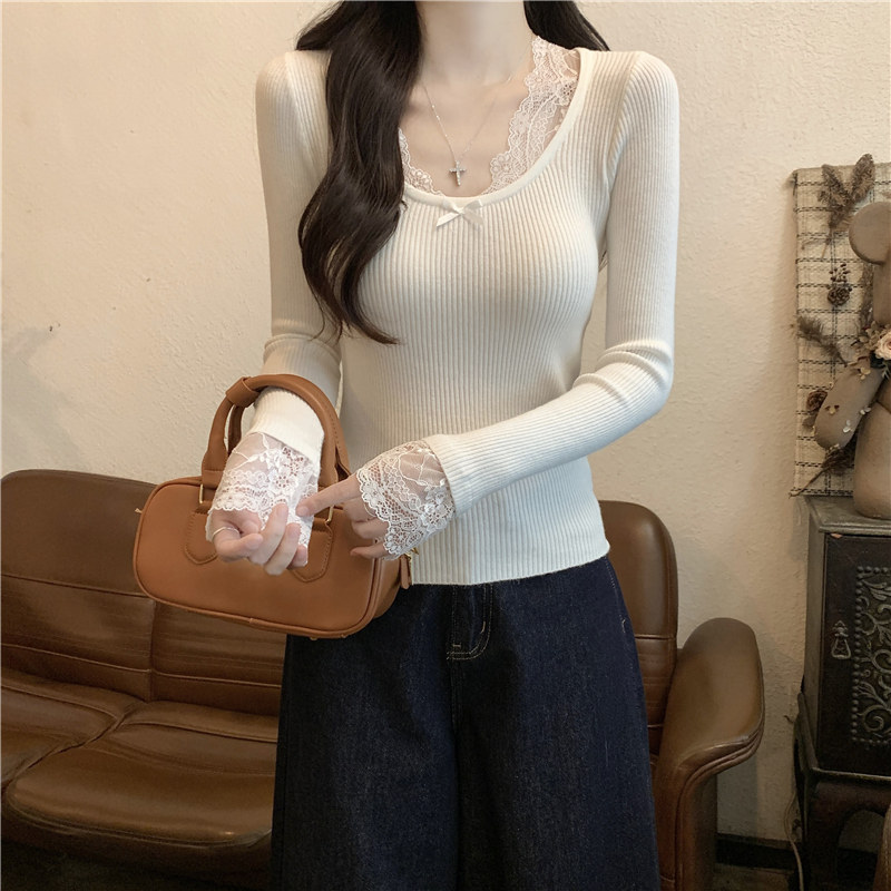秋冬季纯欲风蕾丝花边修身显瘦长袖打底针织衫上衣紧身内搭毛衣女,淘宝优惠券,粉丝福利购,淘宝优惠卷
