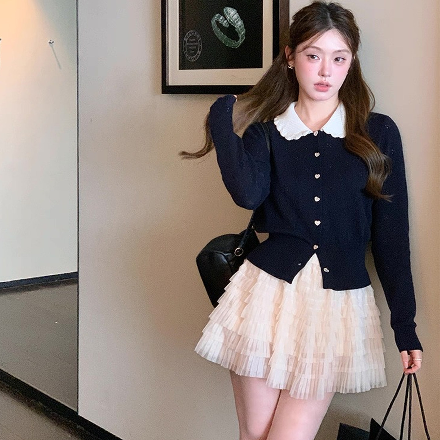 秋冬韩系甜美减龄学院风娃娃领针织开衫上衣小个子短款毛衣外套女,淘宝优惠券,粉丝福利购,淘宝优惠卷