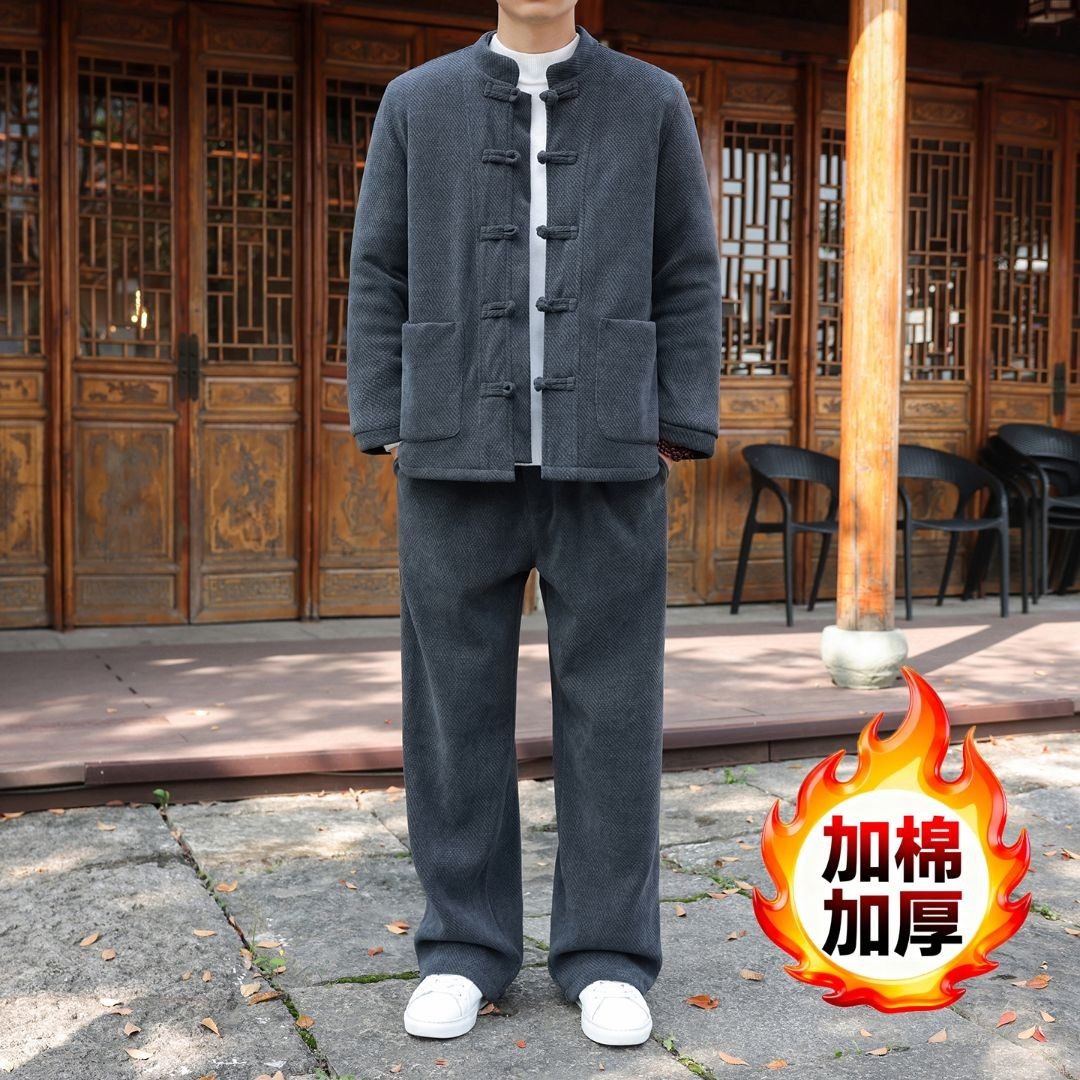 新中式盘扣设计欧棉绒加厚保暖棉衣套装男宽松大码冬季棉裤两件套,淘宝优惠券,粉丝福利购,淘宝优惠卷