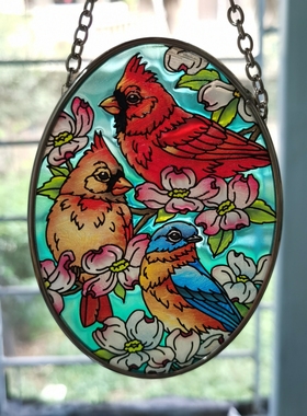 孤品 特价小鸟栖枝头美国amia彩绘玻璃挂牌桌面摆件 氛围感家居