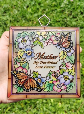 精美！英文蝴蝶花环立线彩绘玻璃挂画外贸尾货中古艺术收藏送礼