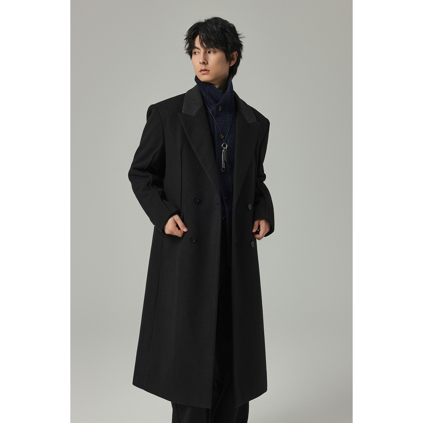 【鹅绒内胆】储格拼接毛呢大衣男中长款过膝帅气夹棉带垫肩外套,淘宝优惠券,粉丝福利购,淘宝优惠卷