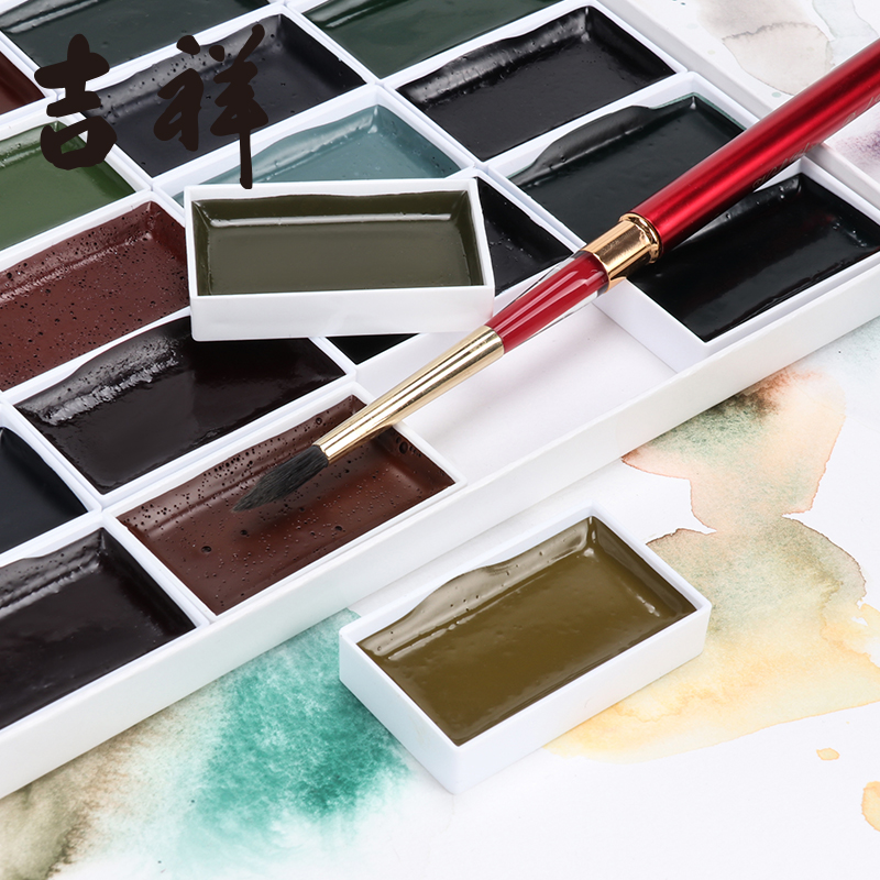 日本吉祥国画日本画浮世绘颜料 传统颜彩绘墨 古梅园手工固体20色套装 - 图1