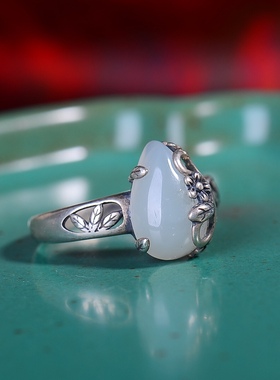 S925银镀18K金镶和田玉白玉水滴女宫廷复古戒指戒圈汉服配饰指环