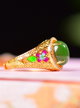 S925银镀18K金镶和田玉碧玉蛋面女宫廷复古戒指戒圈汉服配饰指环