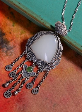 S925银镀18K金镶和田白玉盾牌珐琅宫廷复古吊坠汉服配饰玉坠项链