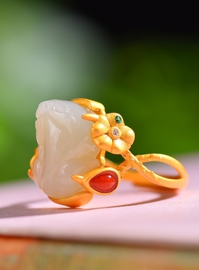 S925银镀18K金镶和田玉白玉貔貅女宫廷复古戒指戒圈汉服配饰指环