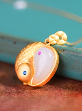 S925银镀18K金镶和田白玉鱼形珐琅宫廷复古吊坠汉服配饰玉坠项链