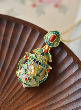 S925银镀18K金镶和田白玉多宝珐琅宫廷复古吊坠汉服配饰玉坠项链