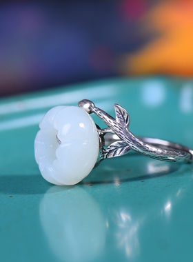 S925银镀18K金镶和田玉白玉荷花女宫廷复古戒指戒圈汉服配饰指环