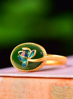 S925银镀18K金镶和田玉碧玉蛋面女宫廷复古戒指戒圈汉服配饰指环