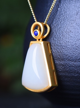 S925银镀18K金镶和田白玉梯形珐琅宫廷复古吊坠汉服配饰玉坠项链