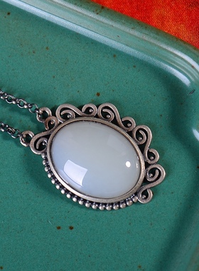 S925银镀18K金镶和田白玉蛋面珐琅宫廷复古吊坠汉服配饰玉坠项链