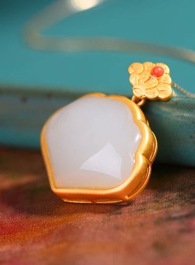 S925银镀18K金镶和田白玉扇形珐琅宫廷复古吊坠汉服配饰玉坠项链