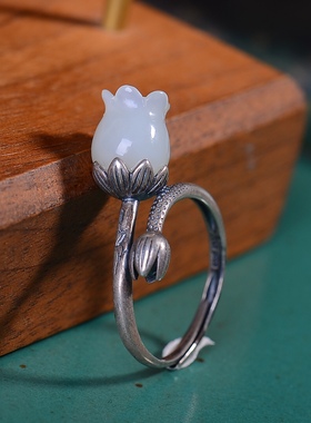 S925银镀18K金镶和田玉白玉玫瑰女宫廷复古戒指戒圈汉服配饰指环