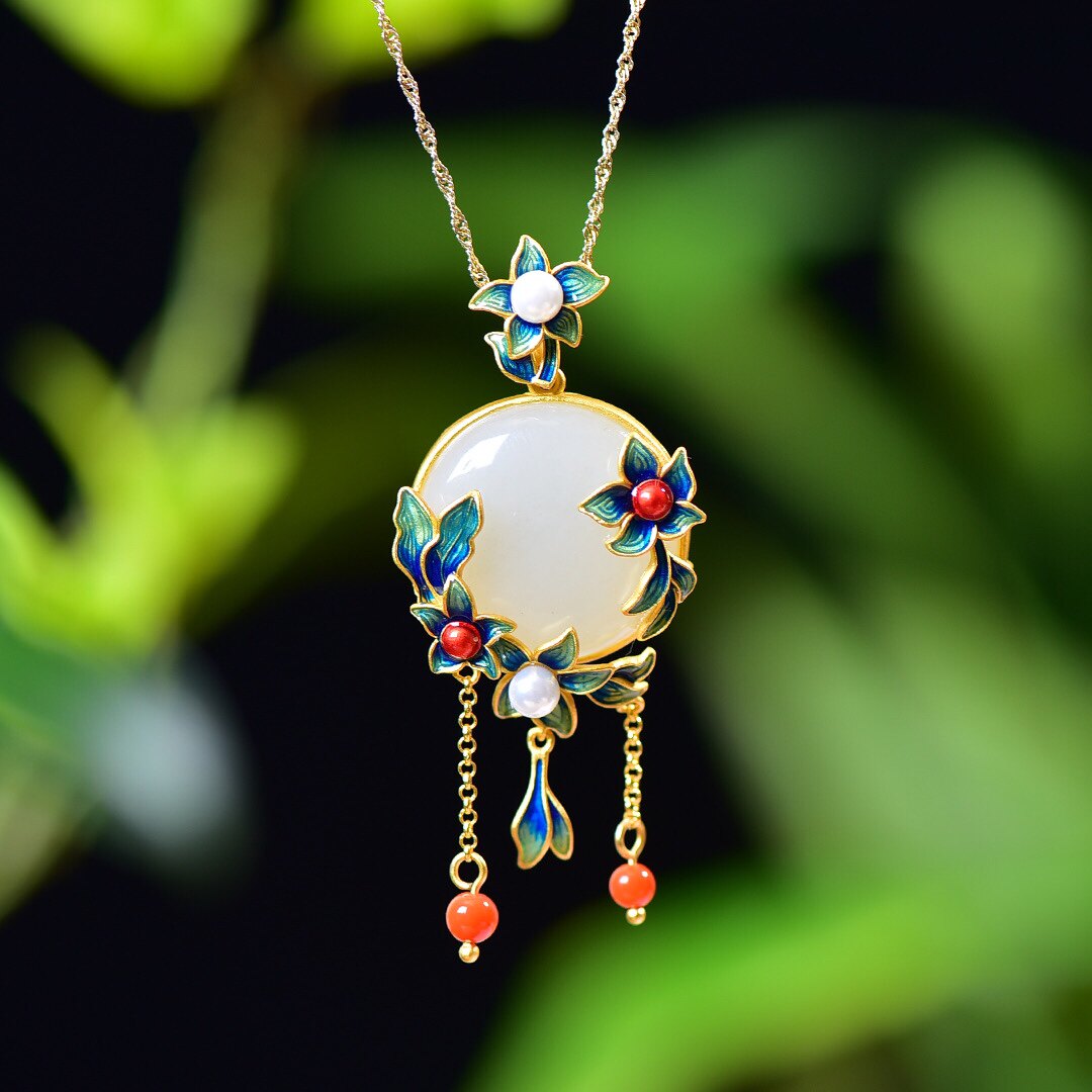 S925 silver plated 18K gold inlaid Hetian white jade egg-faced Hanfu accessories retro suit pendant ring earrings set