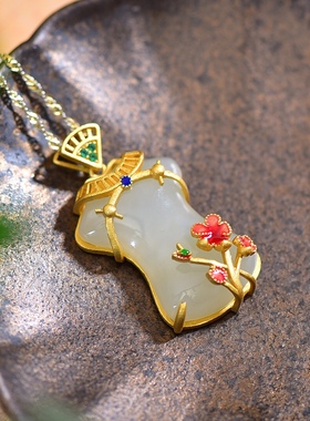 S925银镀18K金镶和田白玉旗袍珐琅宫廷复古吊坠汉服配饰玉坠项链