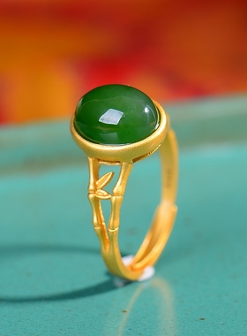 S925银镀18K金镶和田玉碧玉蛋面女宫廷复古戒指戒圈汉服配饰指环