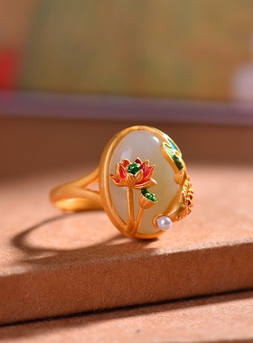 S925银镀18K金镶和田玉白玉蛋面女宫廷复古戒指戒圈汉服配饰指环