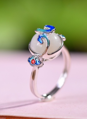 S925银镀18K金镶和田玉白玉平安扣宫廷复古戒指戒圈汉服配饰指环