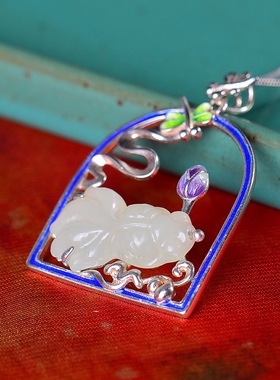 S925银镀18K金镶和田白玉金鱼珐琅宫廷复古吊坠汉服配饰玉坠项链