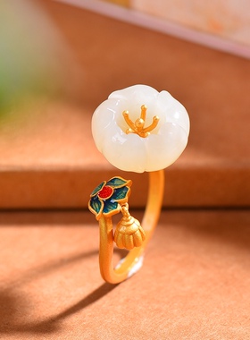 S925银镀18K金镶和田玉白玉荷花女宫廷复古戒指戒圈汉服配饰指环