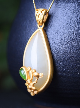 S925银镀18K金镶和田白玉柳叶珐琅宫廷复古吊坠汉服配饰玉坠项链